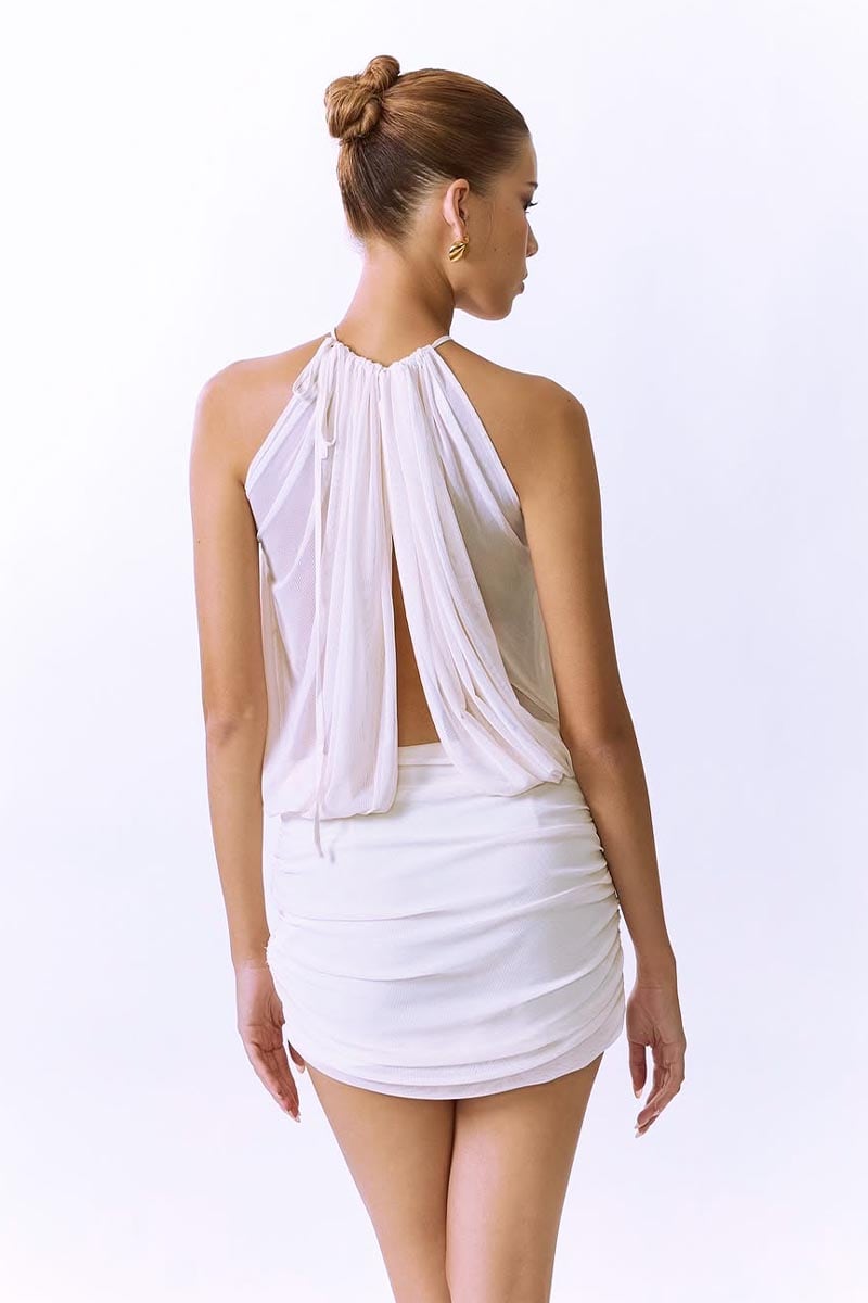 Ruched Halter Bodycon Mini Dress in White
