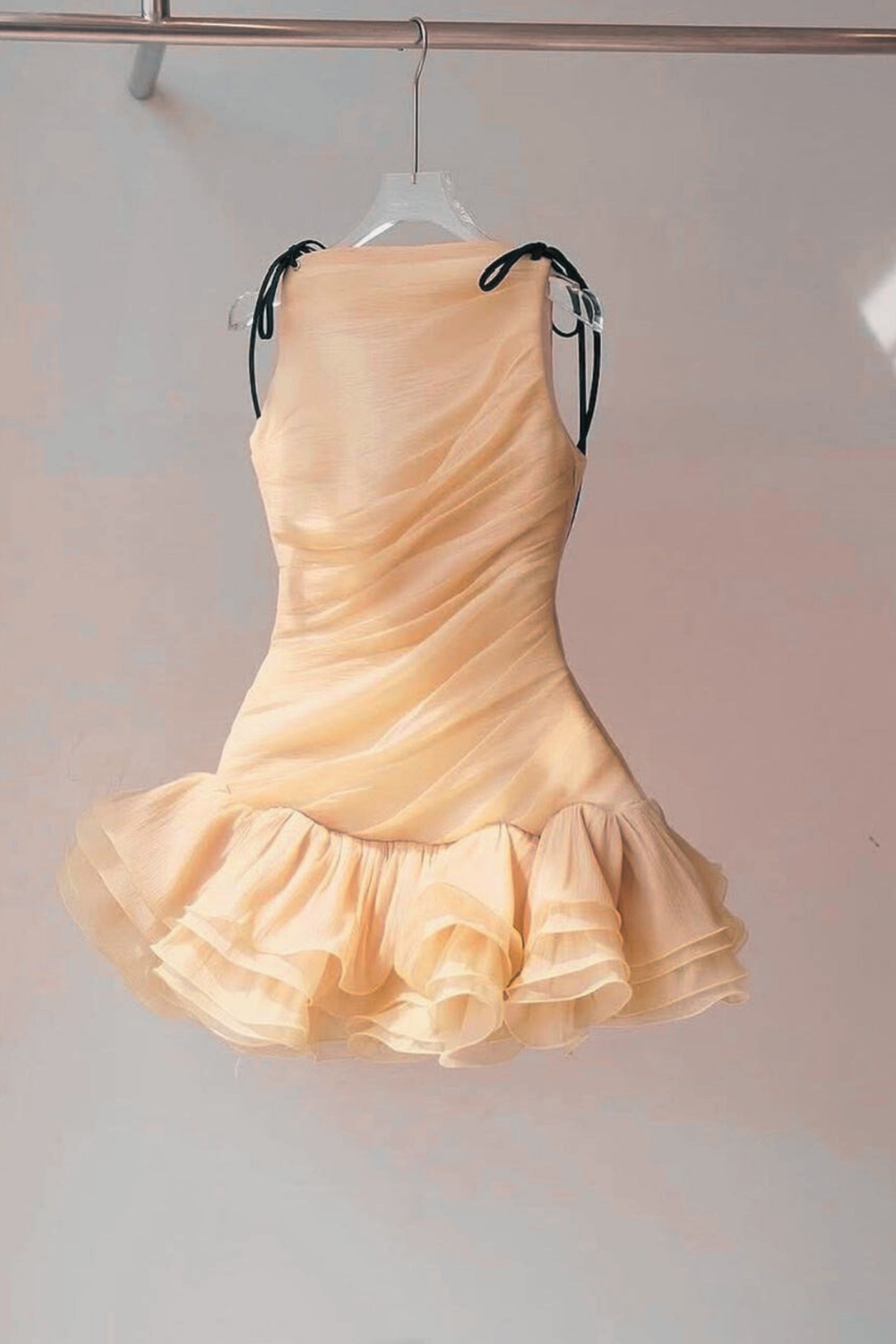 Ruched Ruffle Hem Sleeveless Mini Dress in Apricot