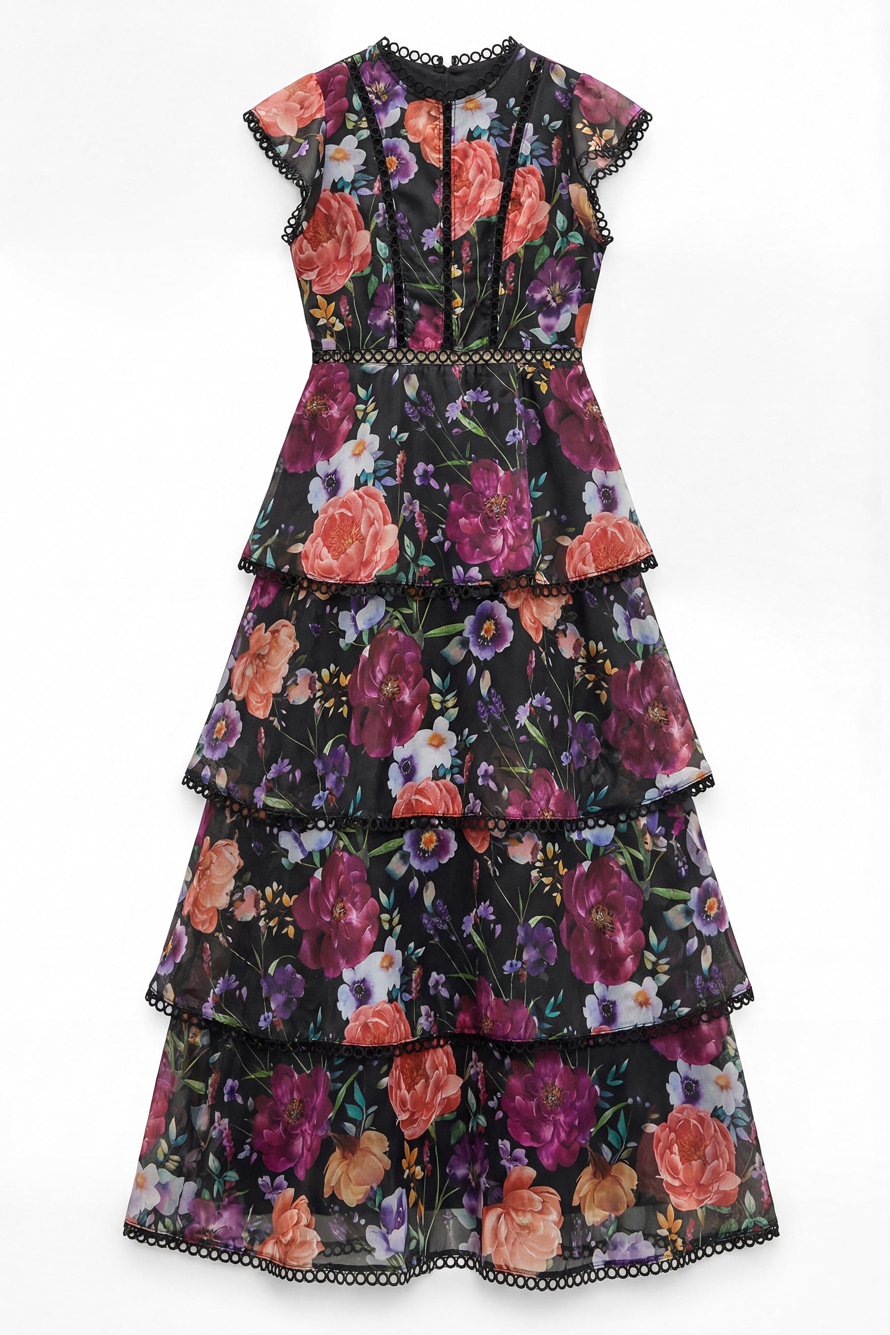 Black Floral Print Ruffle Maxi Dress