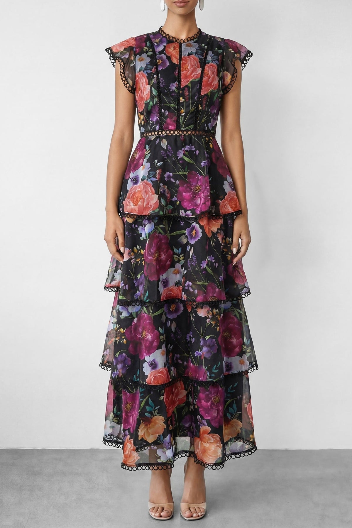 Black Floral Print Ruffle Maxi Dress