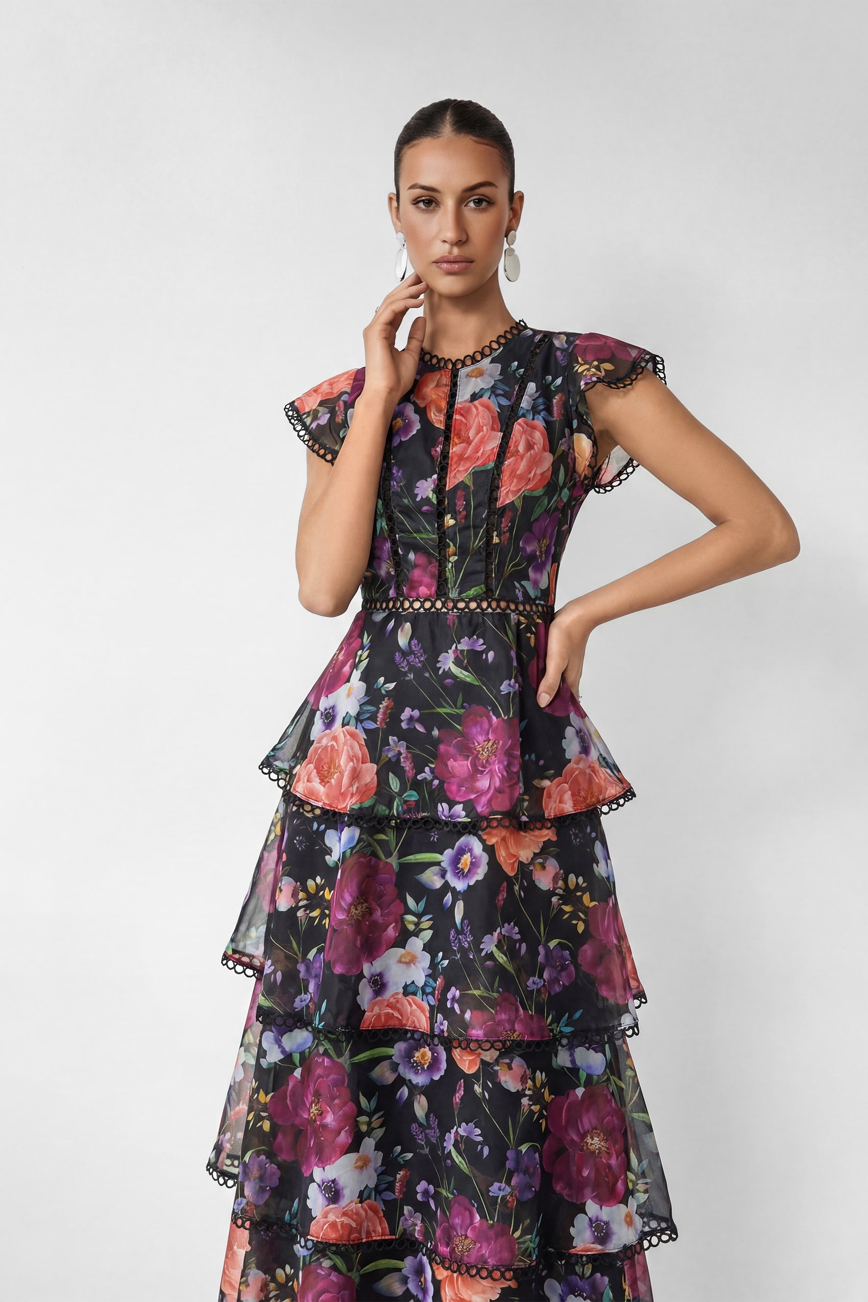Black Floral Print Ruffle Maxi Dress