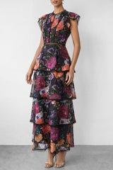 Black Floral Print Ruffle Maxi Dress