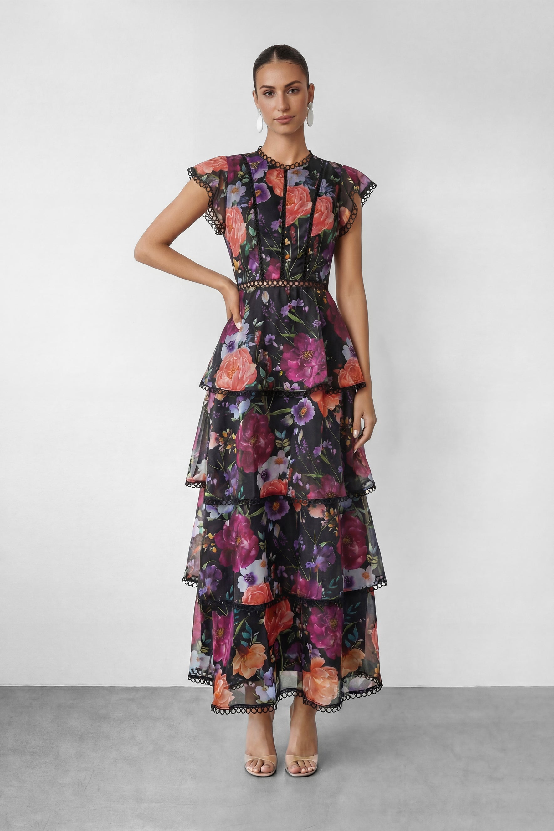 Black Floral Print Ruffle Maxi Dress