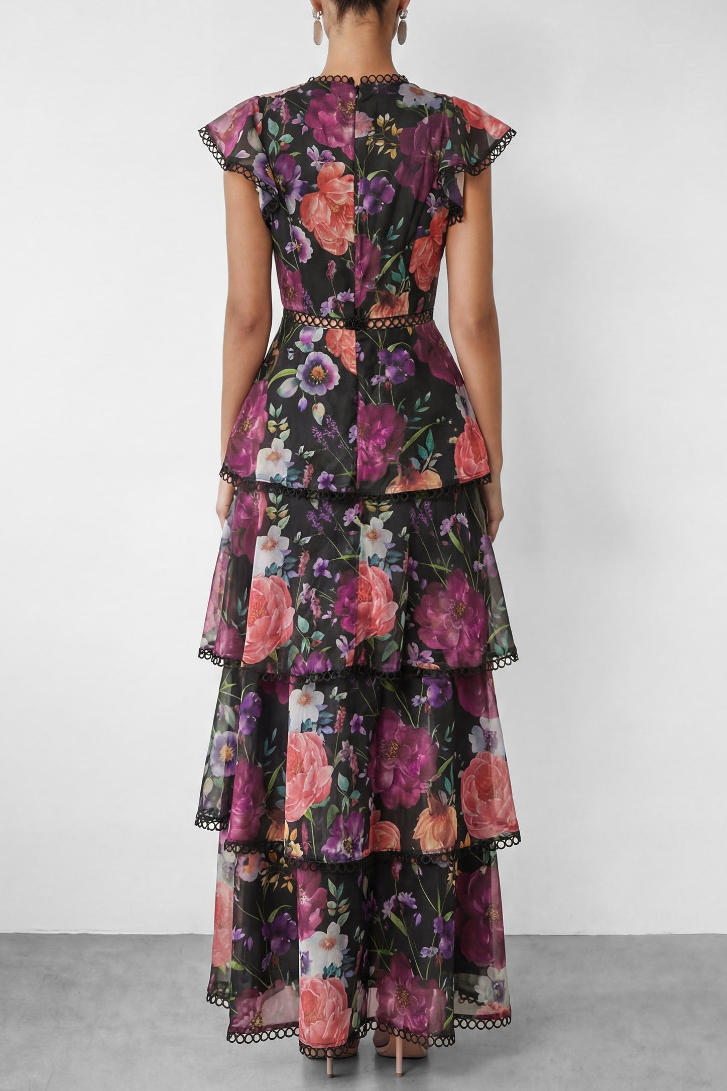 Black Floral Print Ruffle Maxi Dress