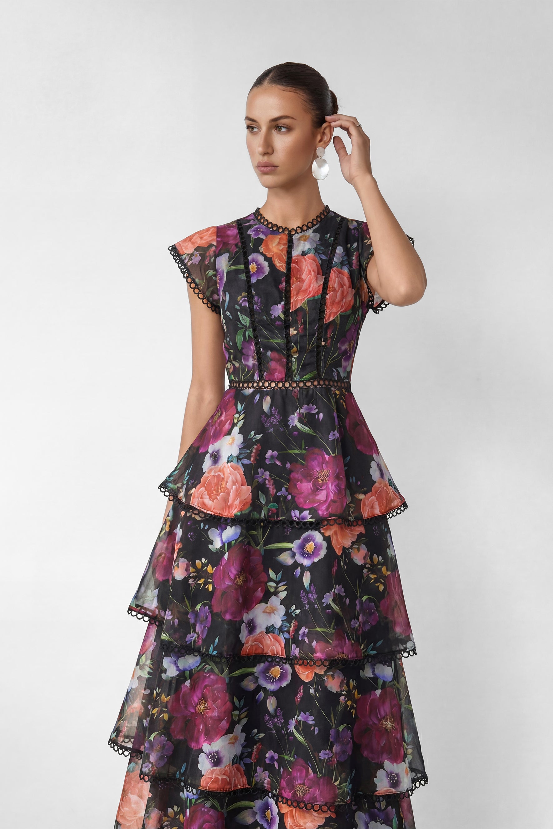 Black Floral Print Ruffle Maxi Dress