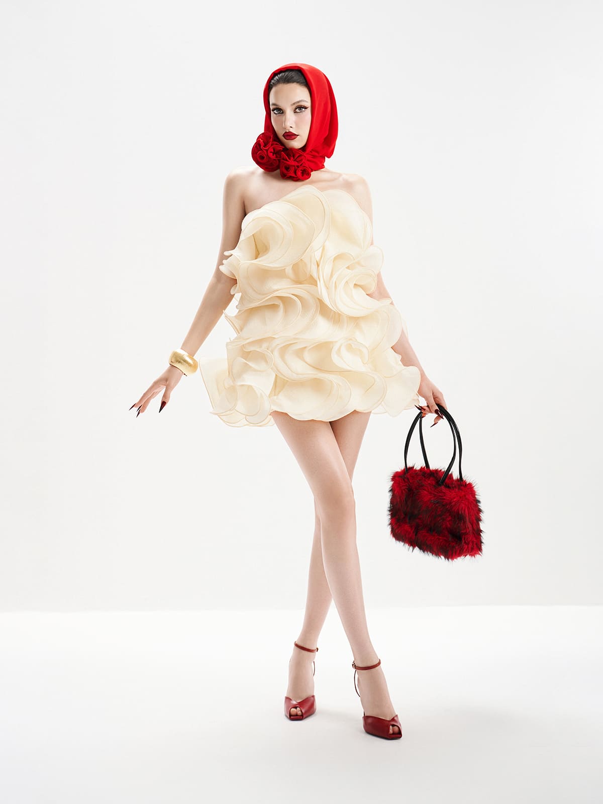 Multi-Layered 3D Mini Dress in Beige