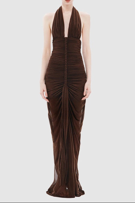 V-Neck Braided Bodycon Maxi Dress - Brown