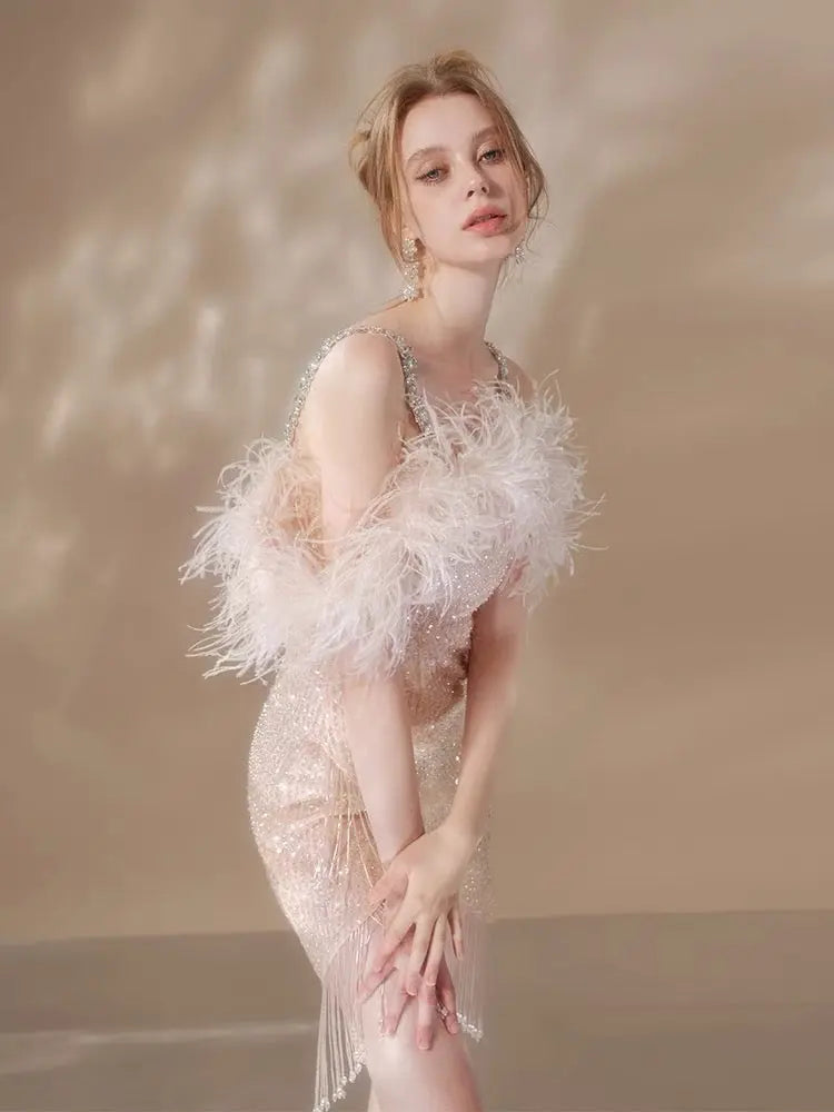 Feather Crystal-Strap Mini Dress in Pink