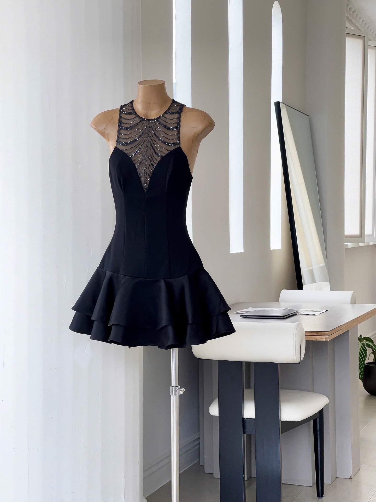 Sequin Ruched Hem Mini Dress in Black