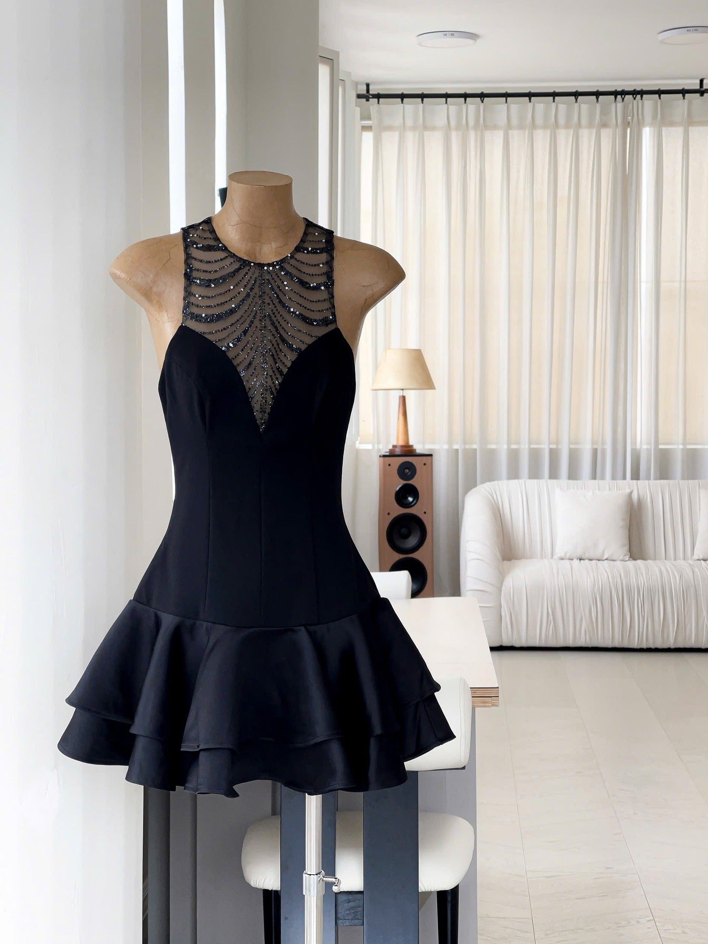 Sequin Ruched Hem Mini Dress in Black