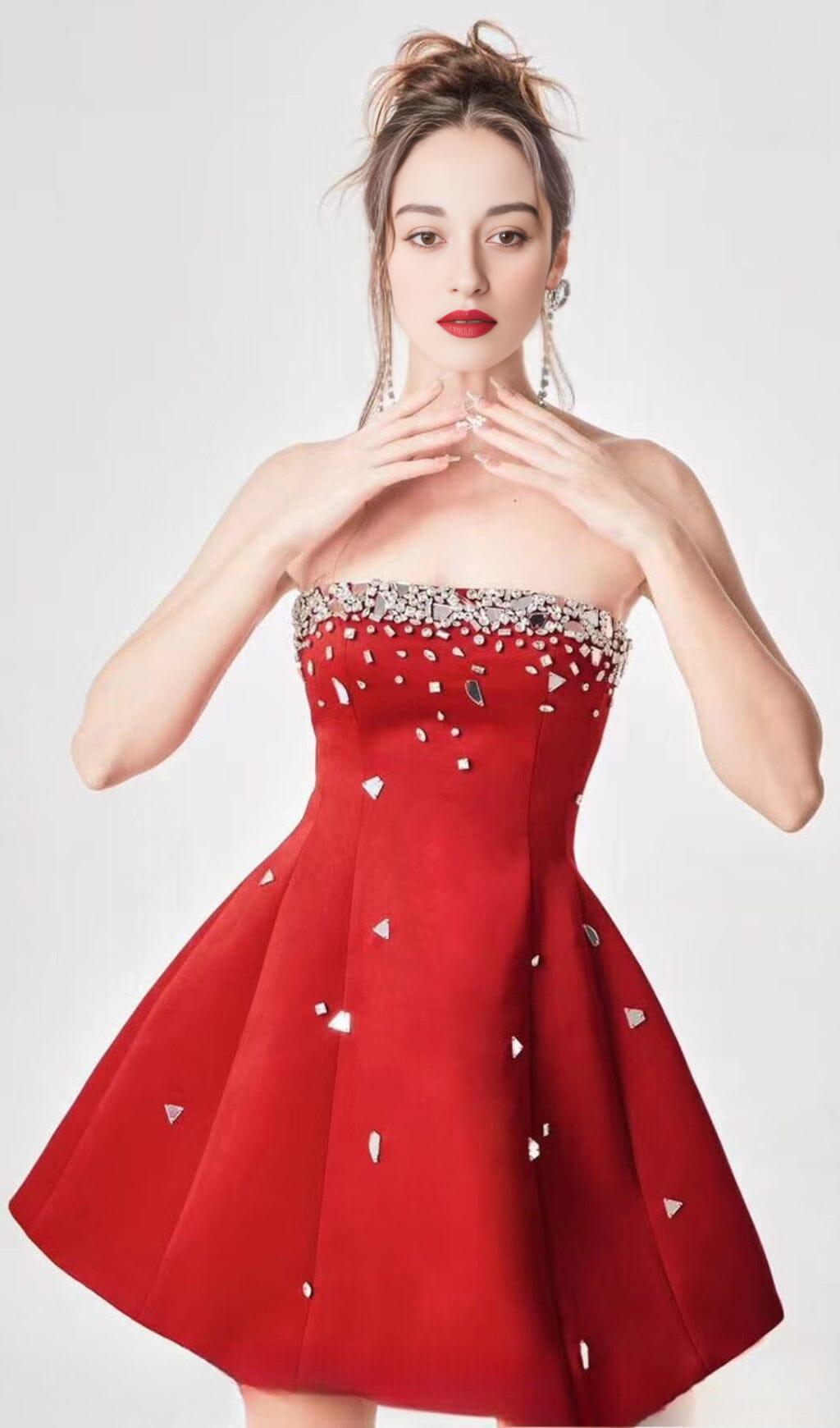Red Crystal Embellished Mini Dress