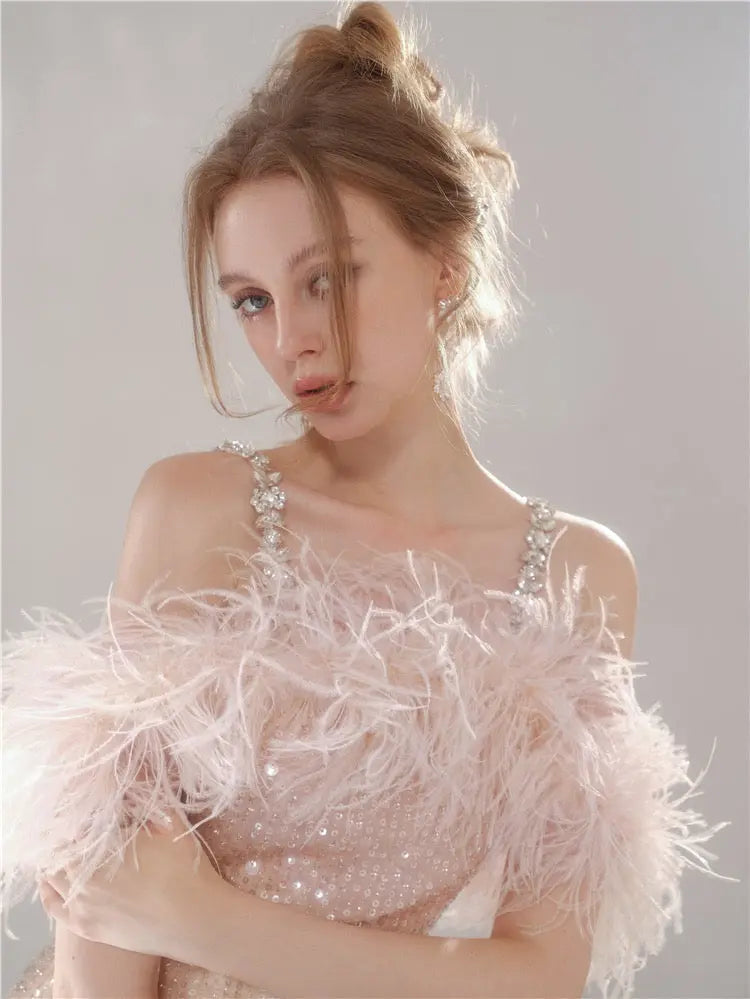 Feather Crystal-Strap Mini Dress in Pink