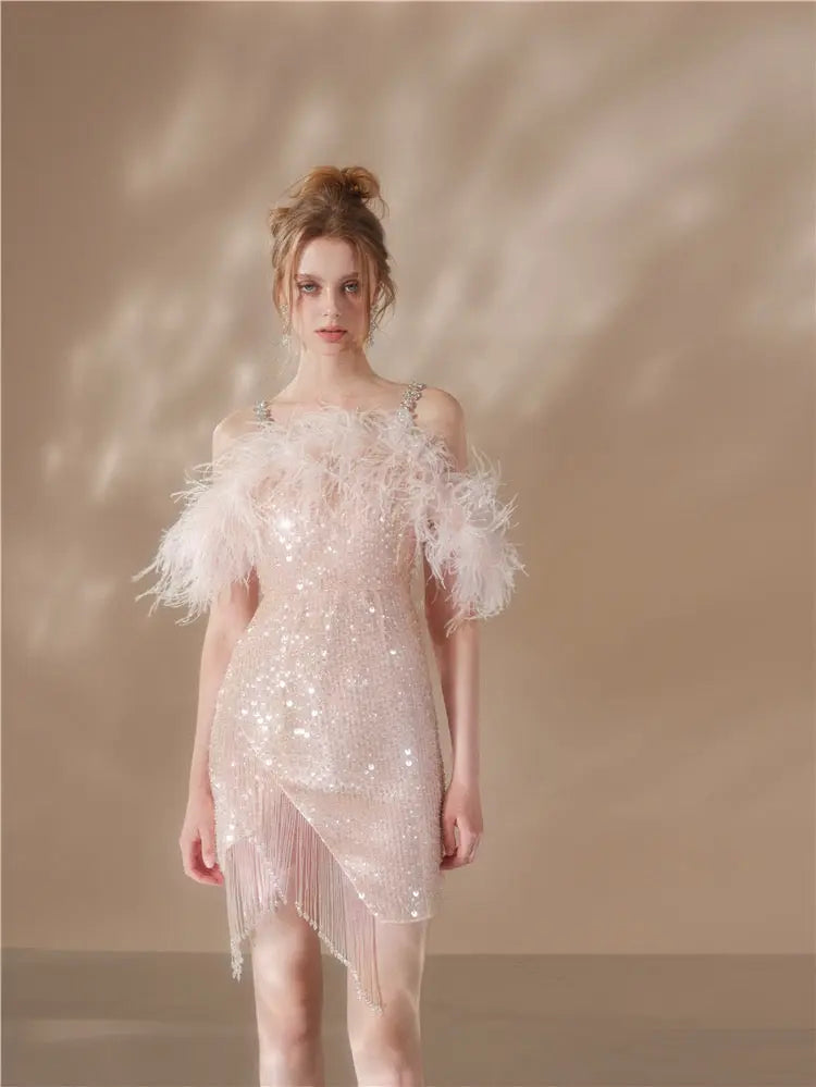 Feather Crystal-Strap Mini Dress in Pink
