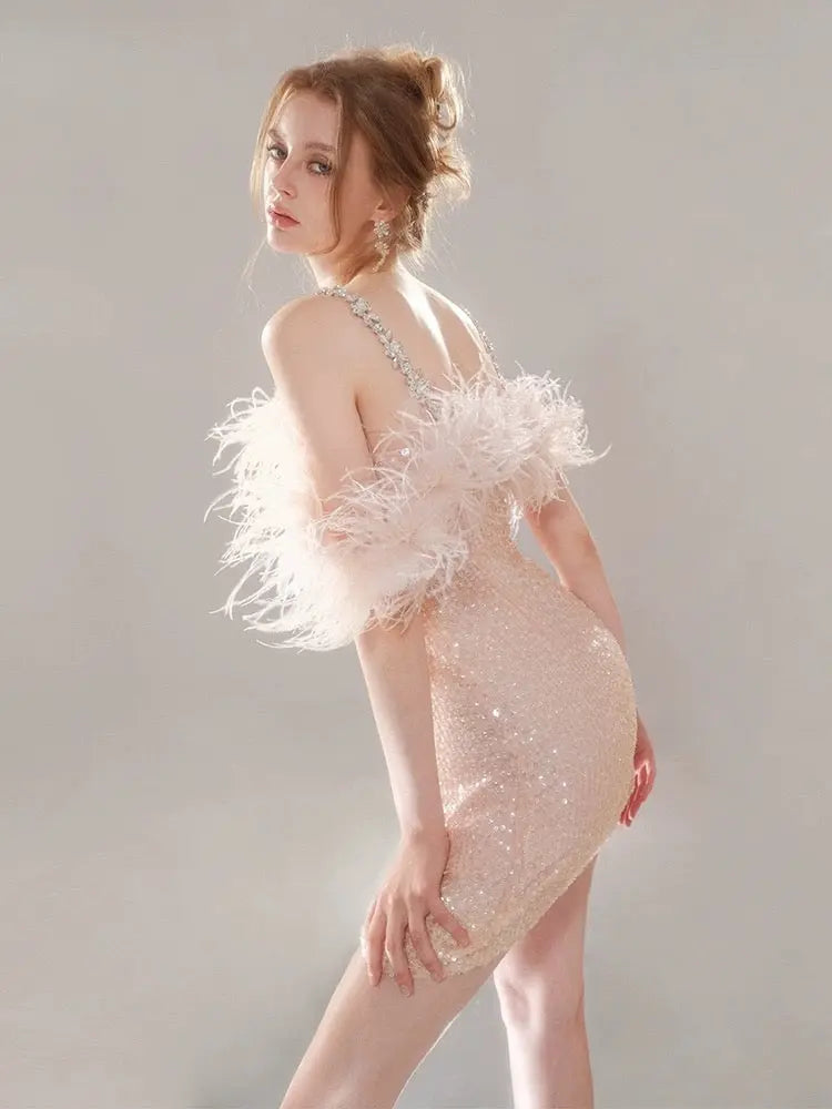 Feather Crystal-Strap Mini Dress in Pink