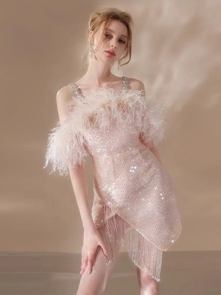 Feather Crystal-Strap Mini Dress in Pink