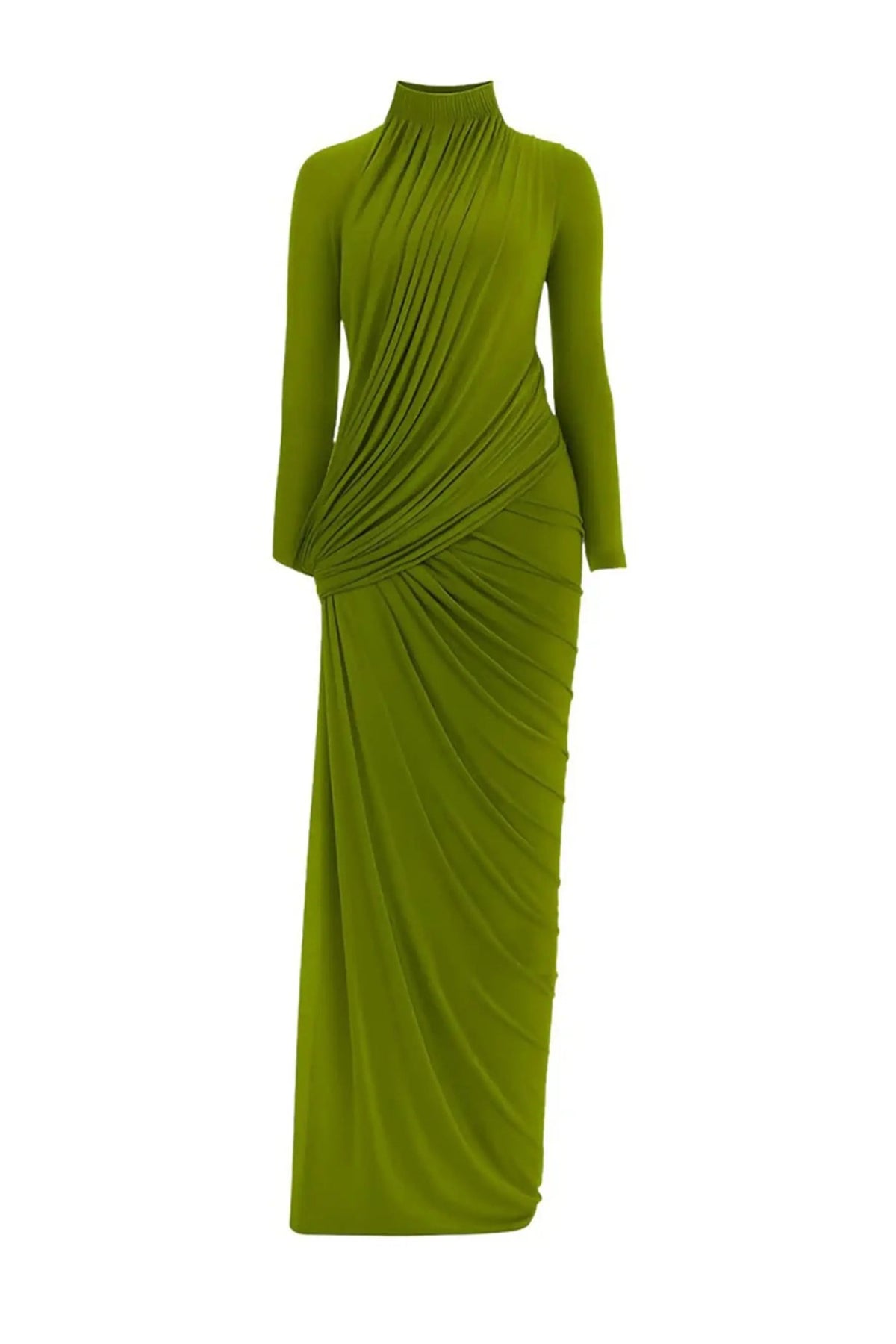 High Neck Drape Ruched Maxi Dress in Green