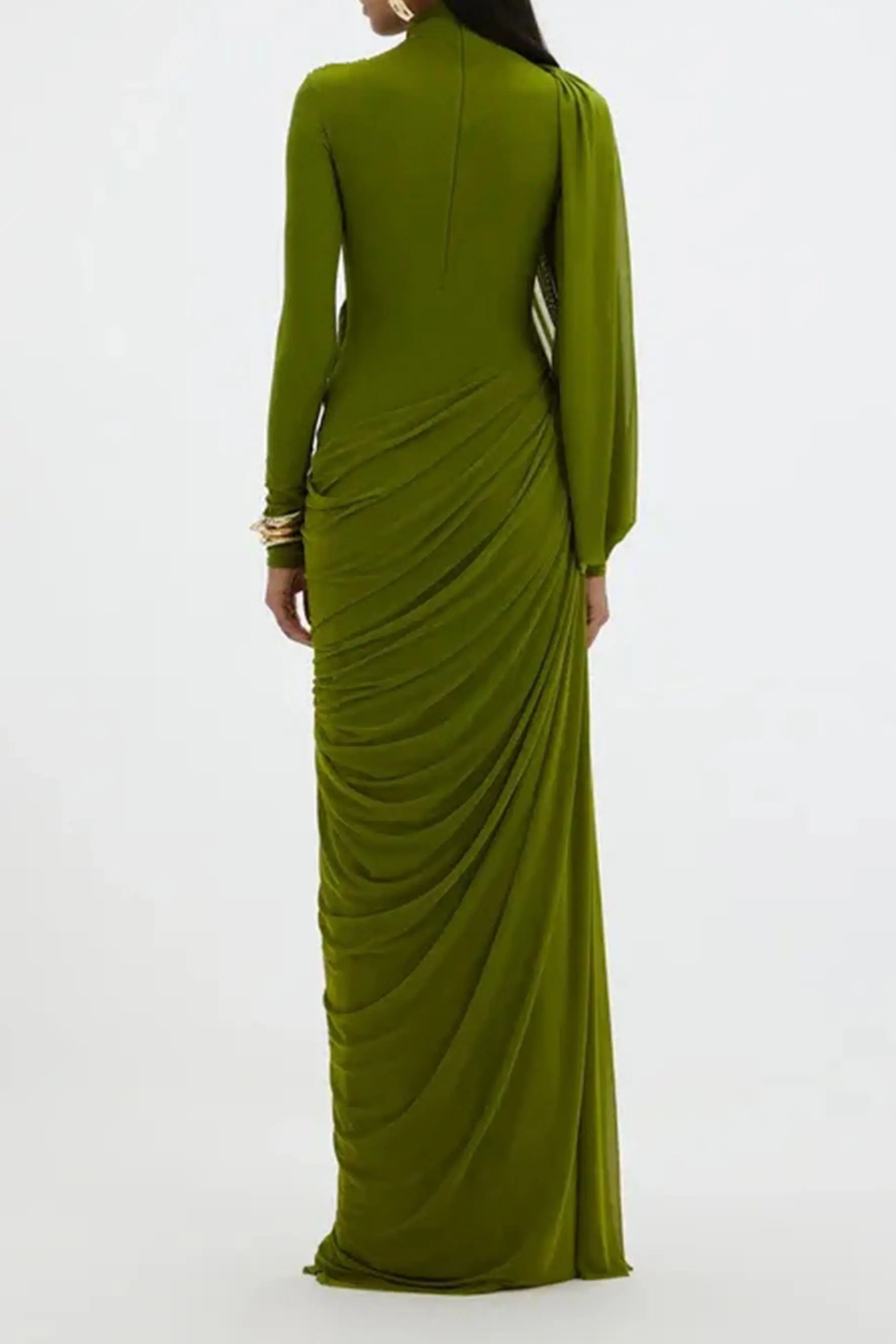 High Neck Drape Ruched Maxi Dress in Green