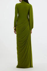 High Neck Drape Ruched Maxi Dress in Green