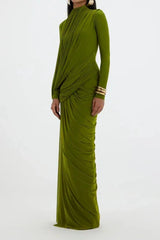 High Neck Drape Ruched Maxi Dress in Green