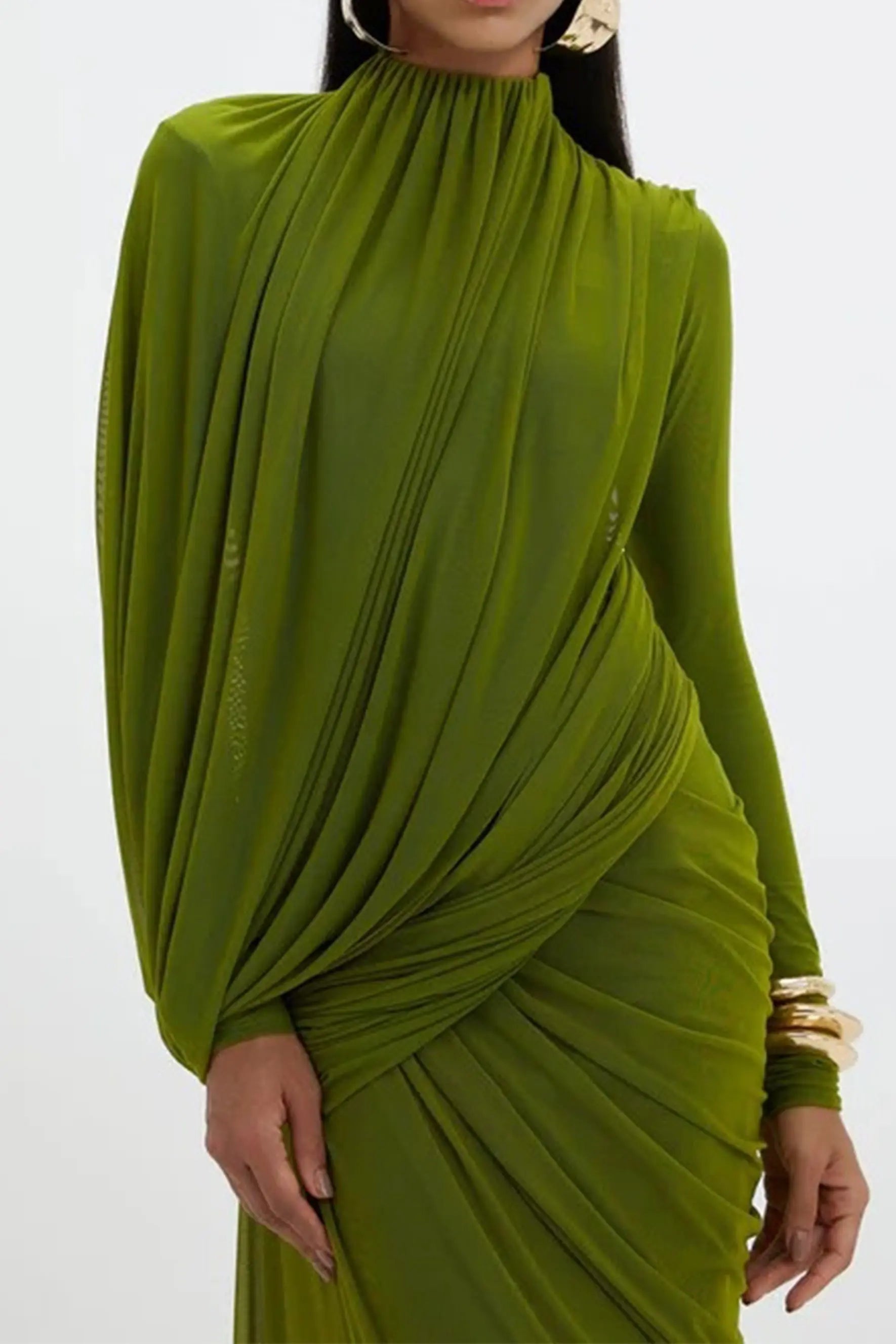 High Neck Drape Ruched Maxi Dress in Green