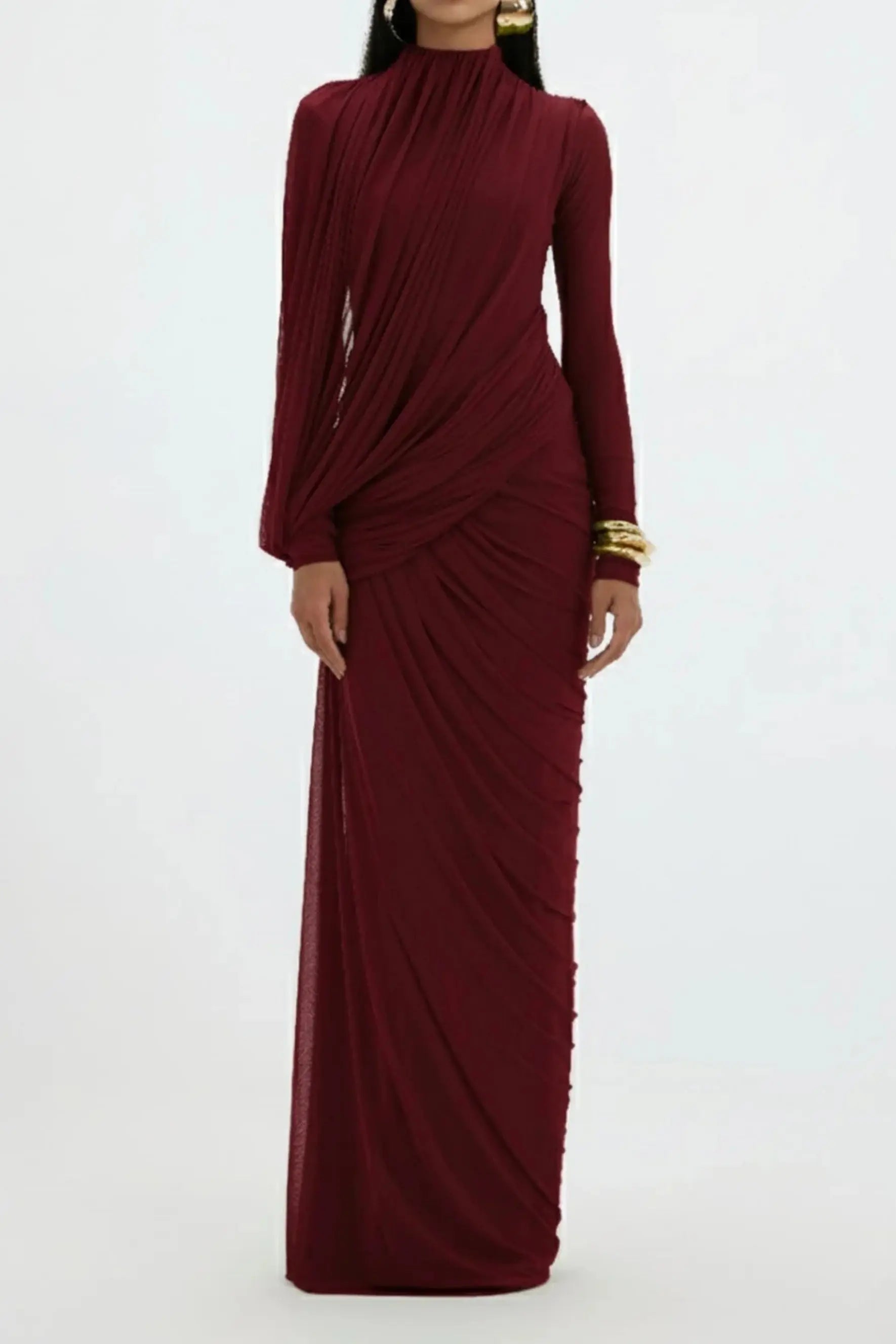 High Neck Drape Ruched Maxi Dress in Burgundy