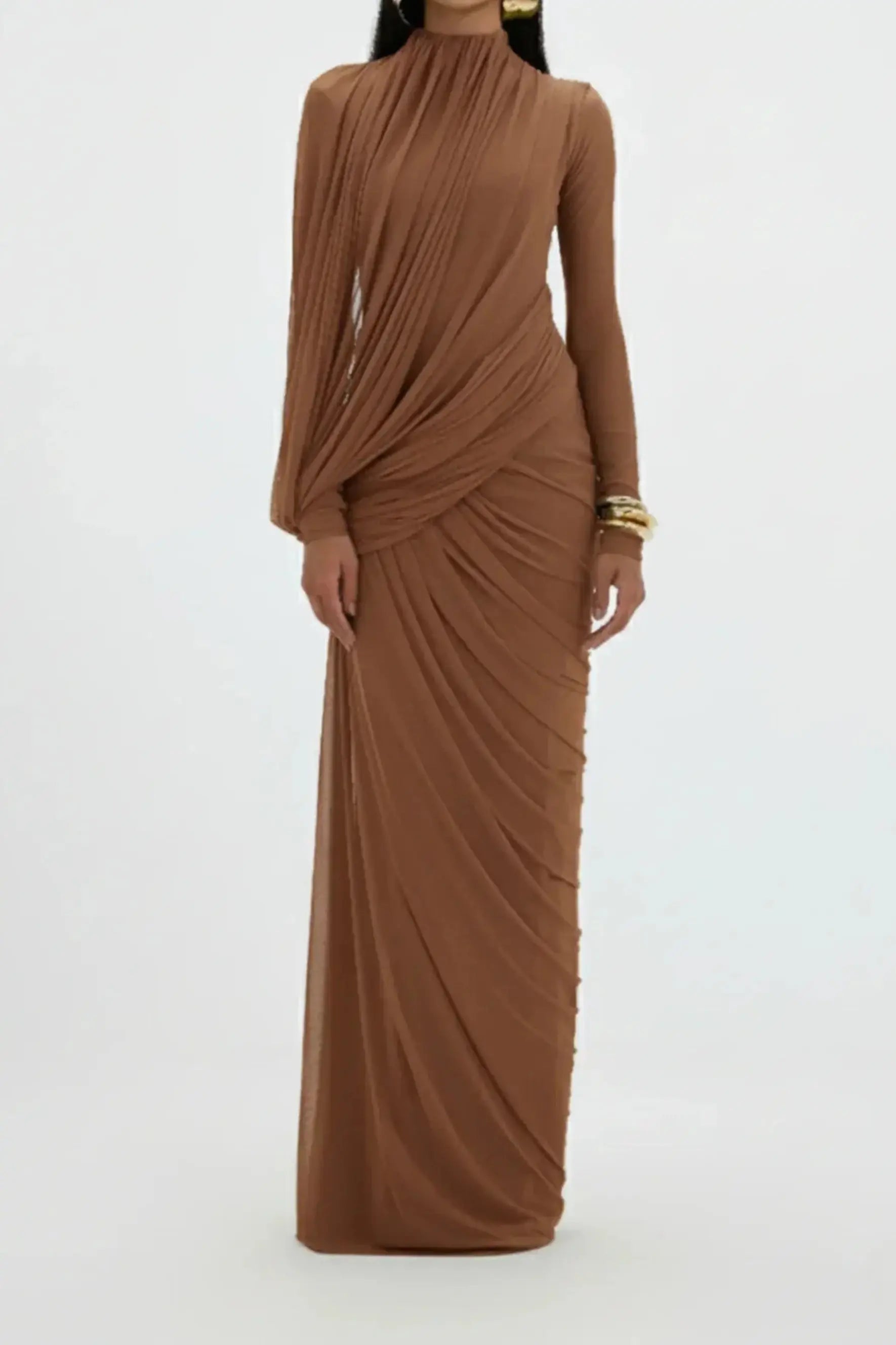 High Neck Drape Ruched Maxi Dress in Brown