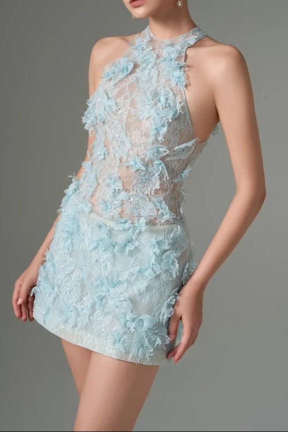 Floral Lace Mini Dress In blue