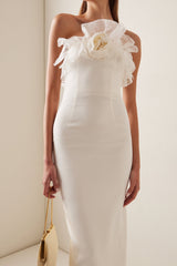 Ruffled Silk Midi Dress in Beige
