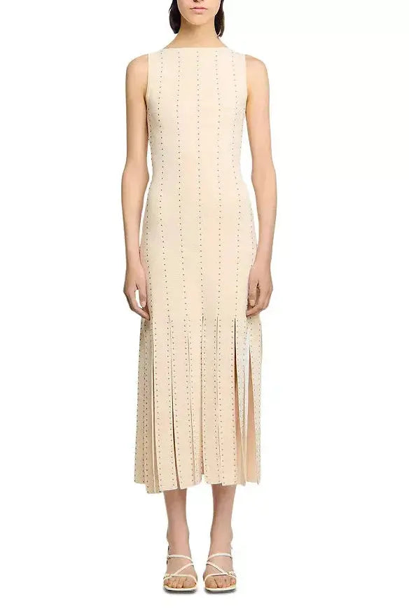Fringed Knit Maxi Dress in Ecru