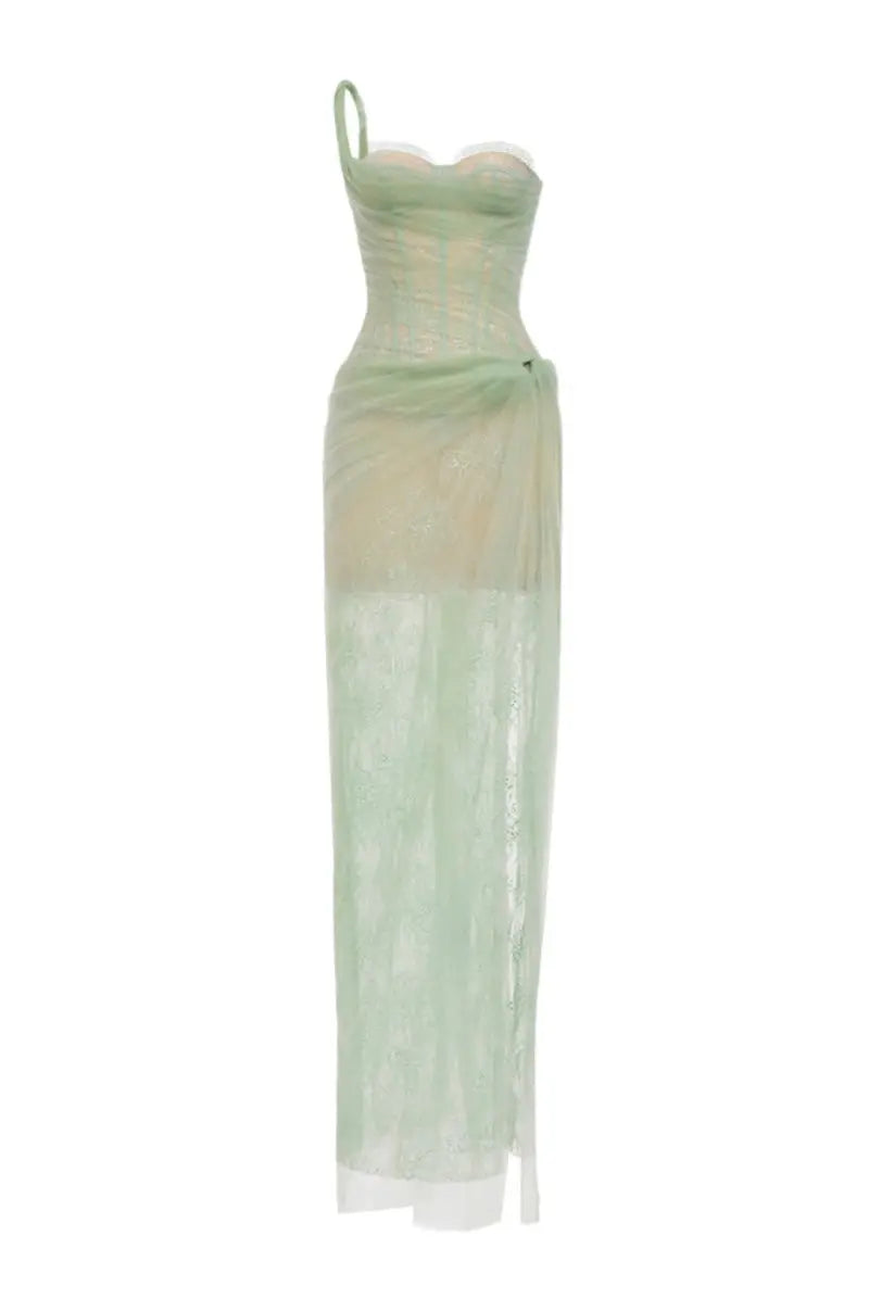 One-Shoulder Lace Maxi Dress in Mint