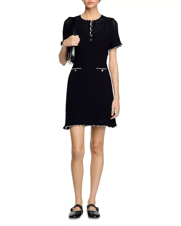 Hollow Knit Mini Dress in Black