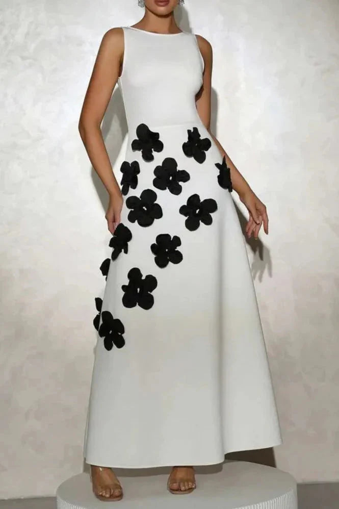 3D Flower A-Line Maxi Dress in White