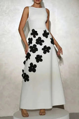 3D Flower A-Line Maxi Dress in White