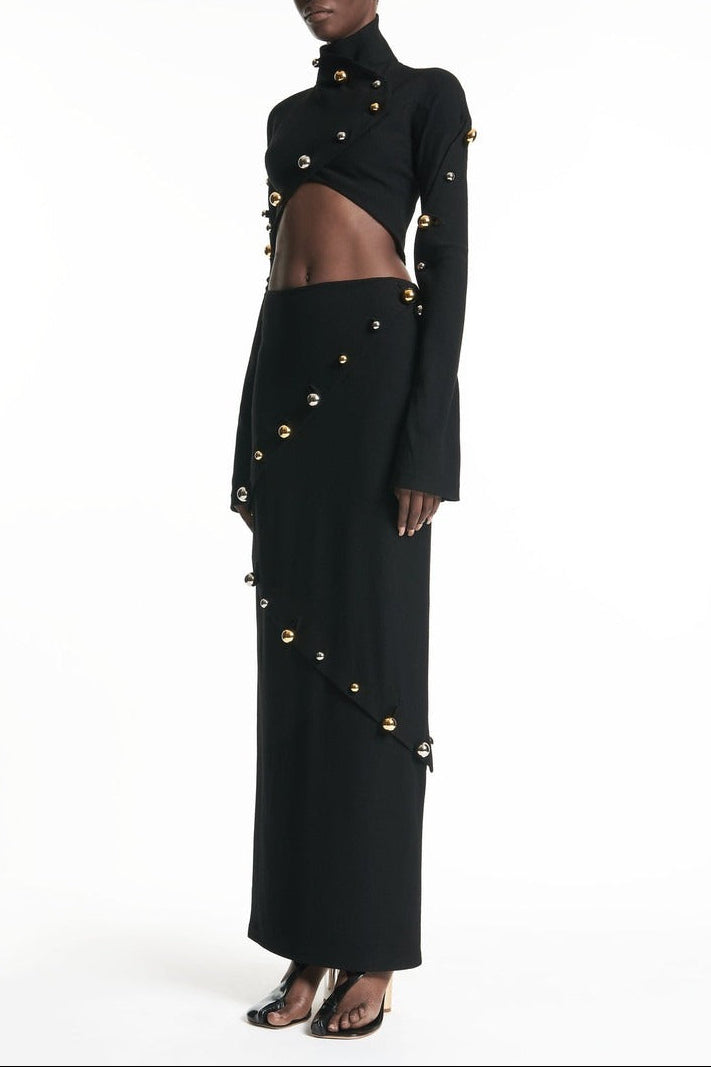 Button-Embellished Cotton-Jersey Top Maxi Skirt Suit in Black