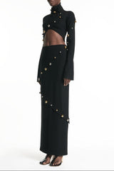 Button-Embellished Cotton-Jersey Top Maxi Skirt Suit in Black