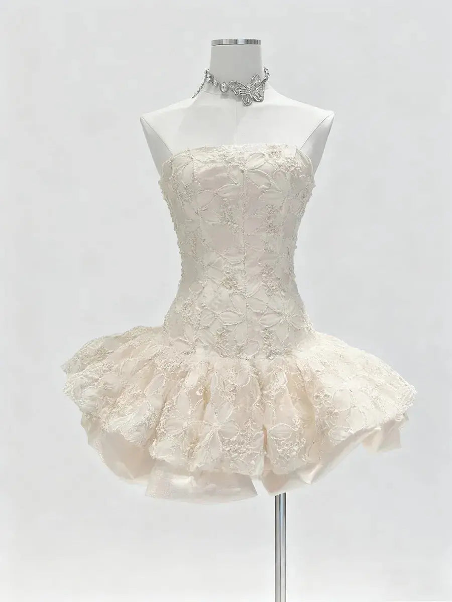 Embroidered Lace Ruffle Mini Dress in Pink