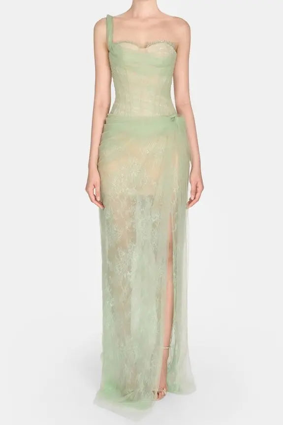 One-Shoulder Lace Maxi Dress in Mint
