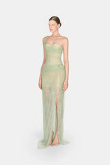 One-Shoulder Lace Maxi Dress in Mint