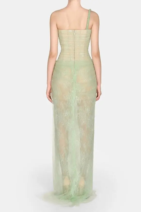 One-Shoulder Lace Maxi Dress in Mint
