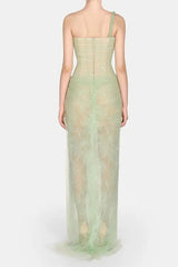 One-Shoulder Lace Maxi Dress in Mint