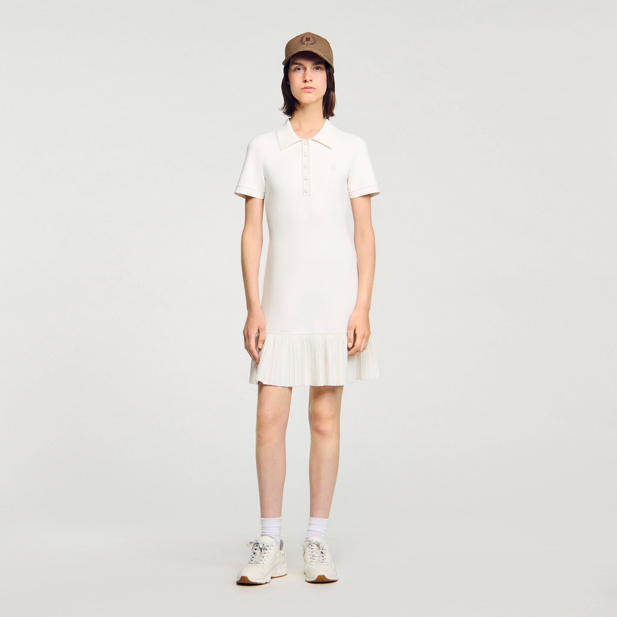 White Mini Knit Dress with Polo Neck