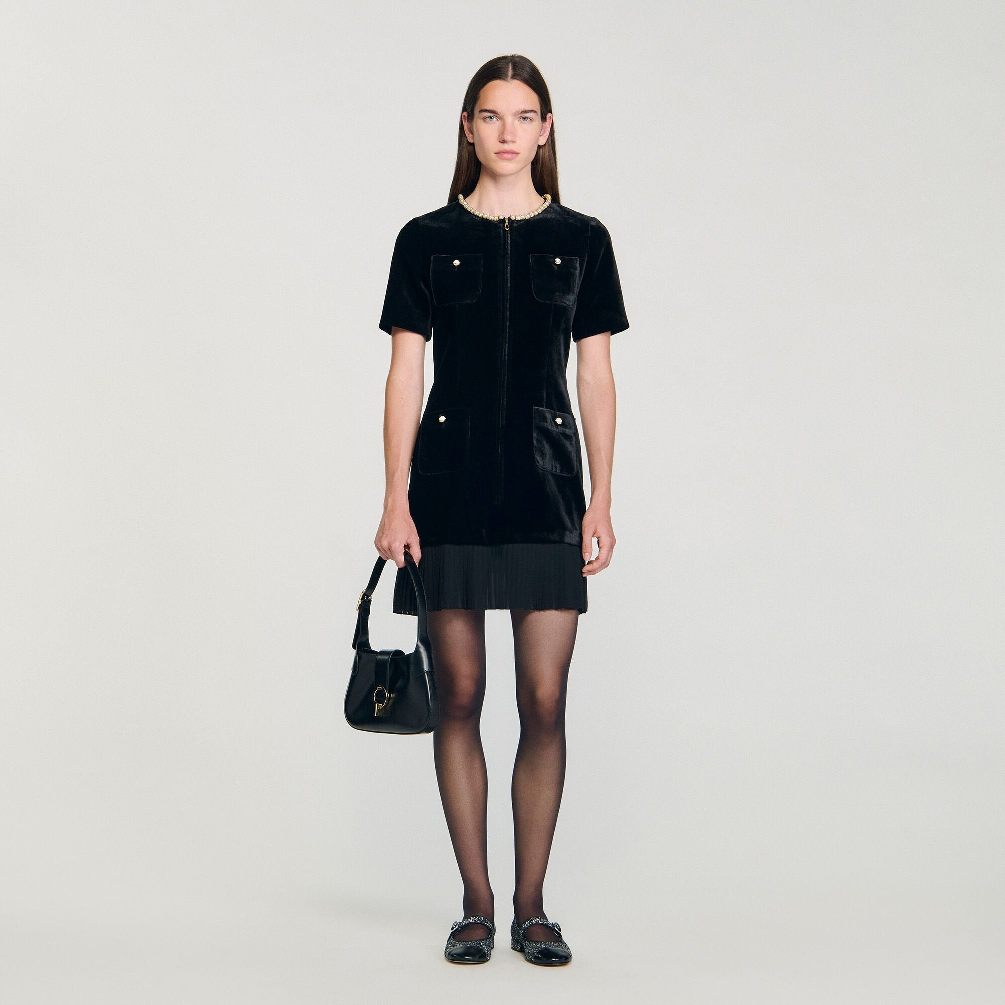 Trimmed Collar Zipper Dress in Black