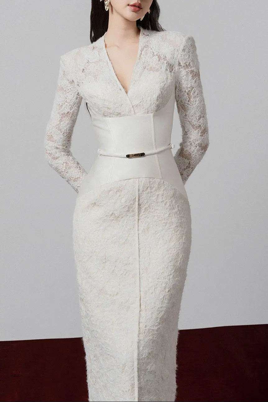 White V-Neck Lace Patchwork Midi Dress