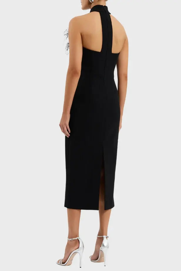 Flower Rhinestone Feather Halter Midi Dress in Black