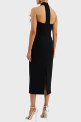 Flower Rhinestone Feather Halter Midi Dress in Black