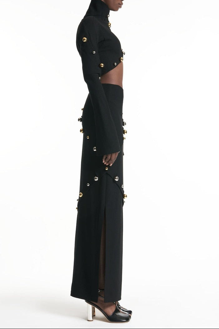 Button-Embellished Cotton-Jersey Top Maxi Skirt Suit in Black