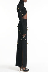 Button-Embellished Cotton-Jersey Top Maxi Skirt Suit in Black