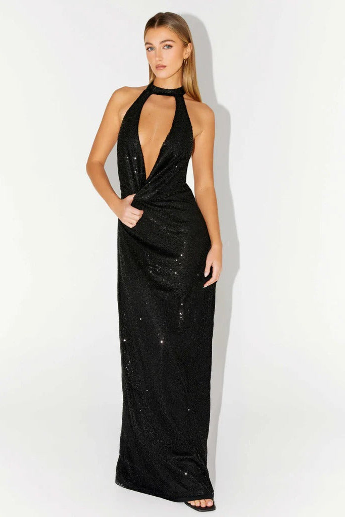 Sequin Cutout Halter Backless Maxi Dress in Black