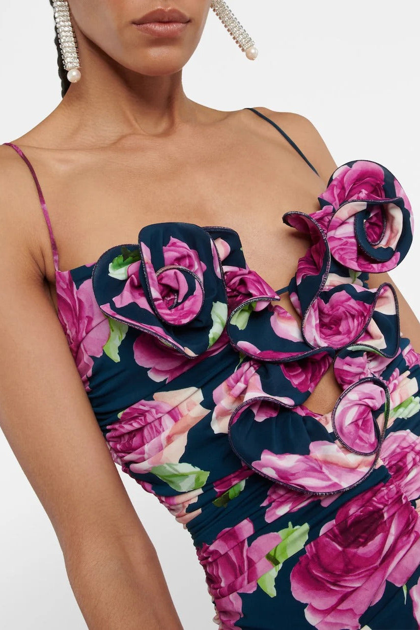Sequin Floral Ruched Mini Dress in Purple