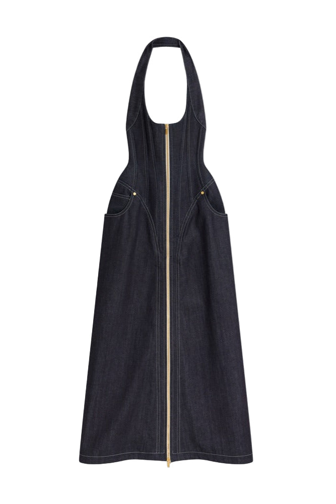Haltered Corseted Midi Dress Denim in Navy Blue